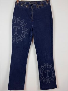 Thalia Sodi Y2K Dark Wash Denim Jeans Size 4 Grommet Waist Graphic Bootcut